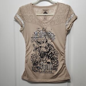 Vintage Designer Pepe Jeans Beige Graphic Tee with Silver Accents M